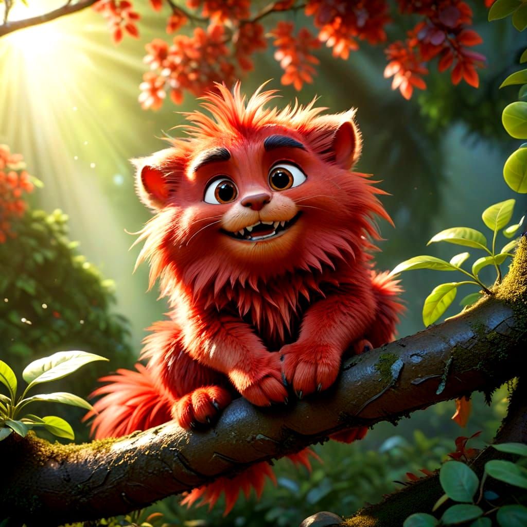 Cheerful Red Furry Creature in Sunbeams: 3D Digital Art