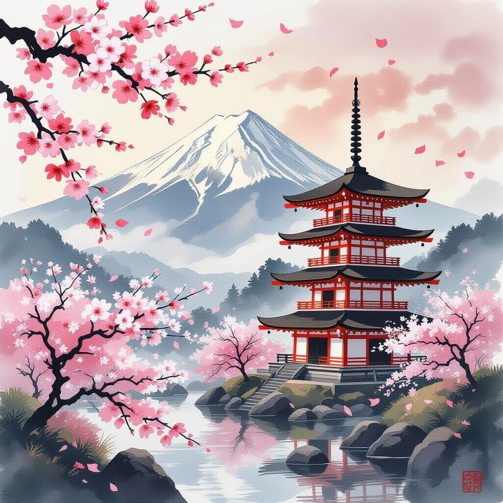 Serene Japanese Temple with Mount Fuji in Sumi-e Style