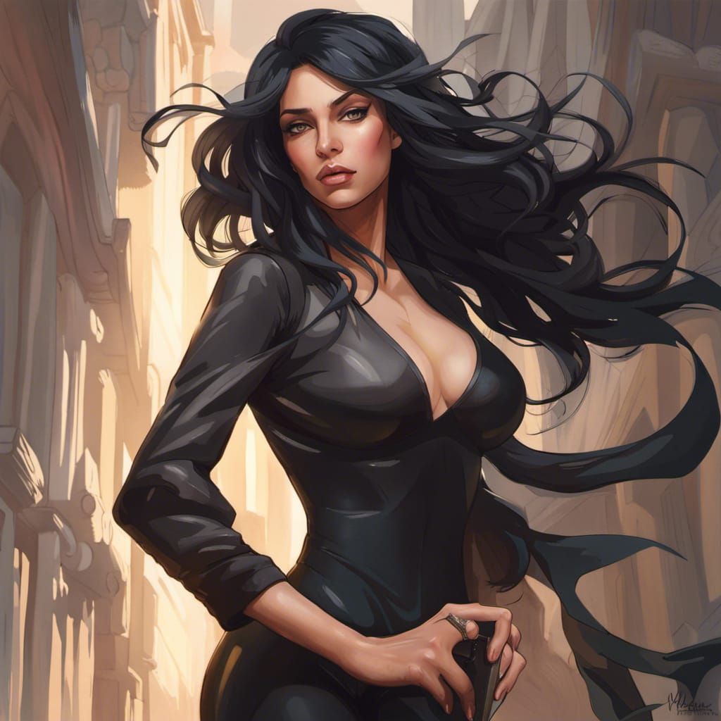 Portrait of Tall Woman in Black Dress, Detailed Digital Art