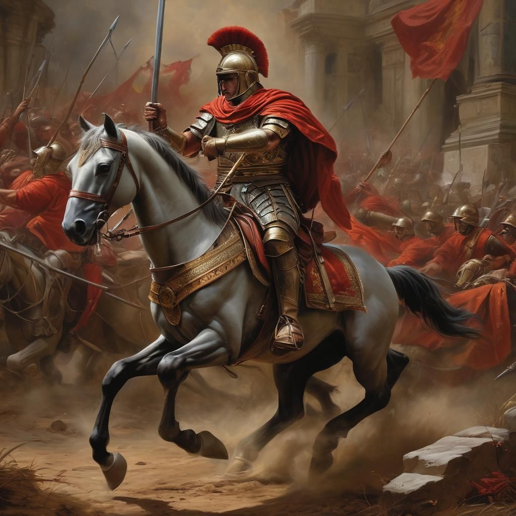Roman Cavalry Lancer War Scene: Oil Painting