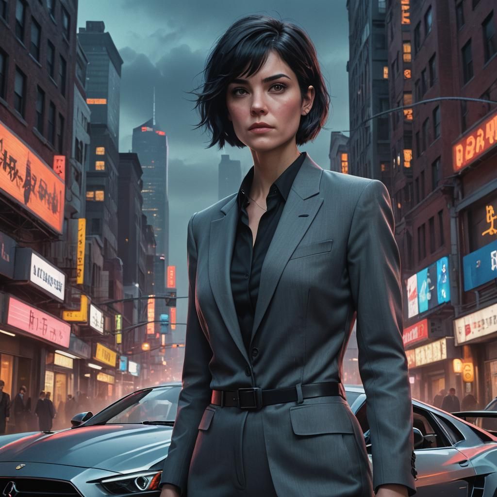 Woman in Dark Suit Stands by Car in Cyberpunk City
