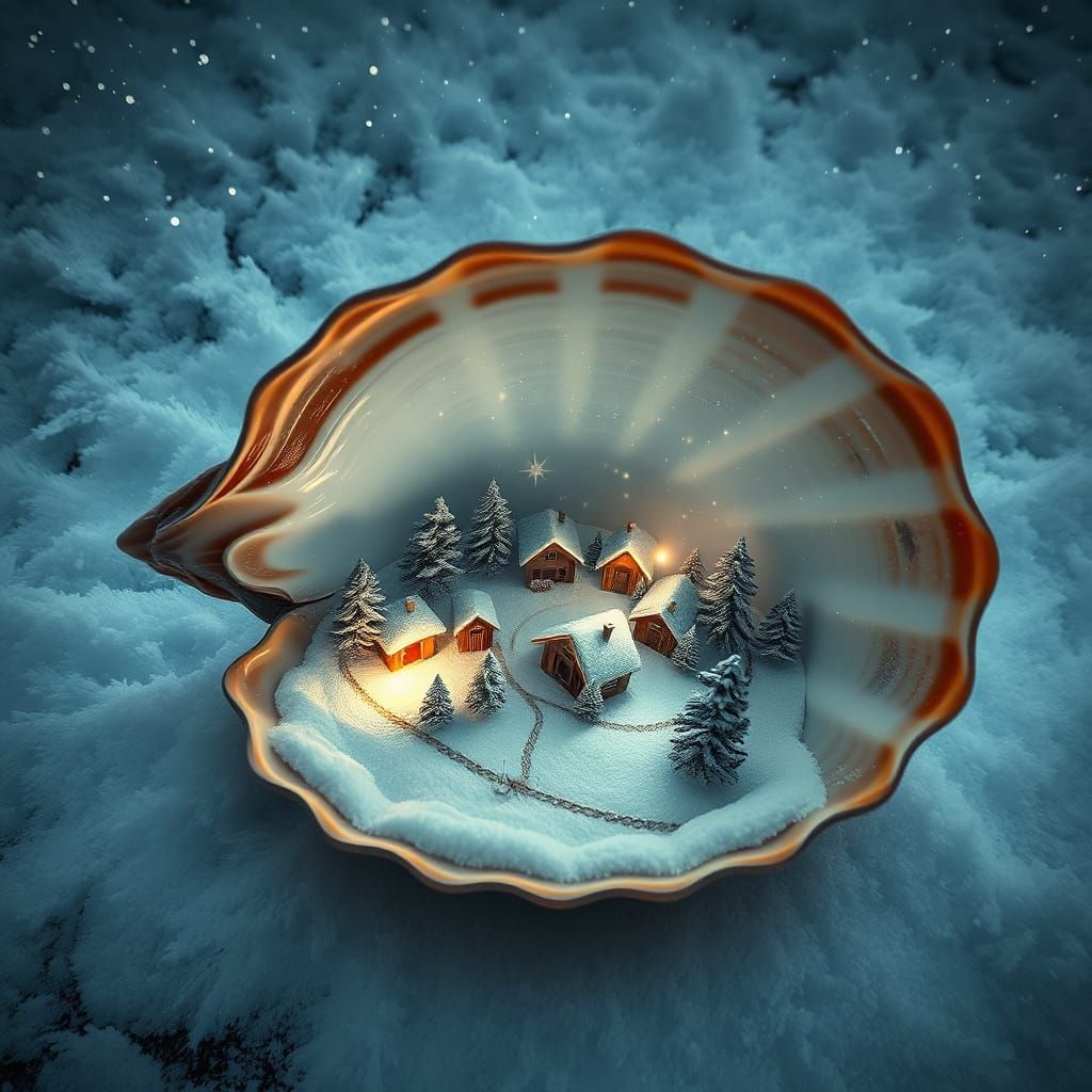 Background snowy pine forest, an open shell lies on the shor...