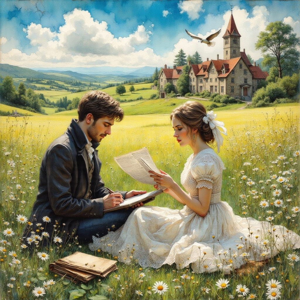 Romantic Couple Reading and Sketching in Field