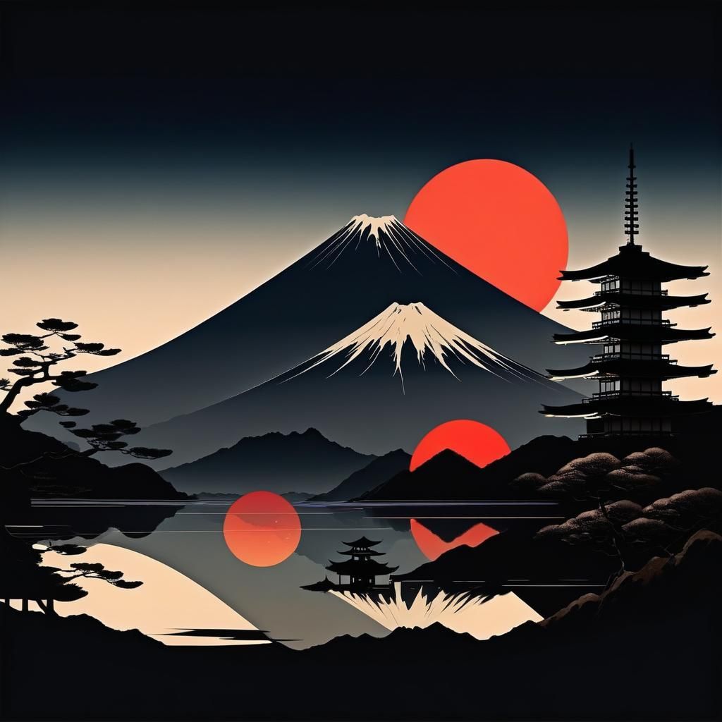 Minimalist Collage of Japanese Scenes: Day and Night