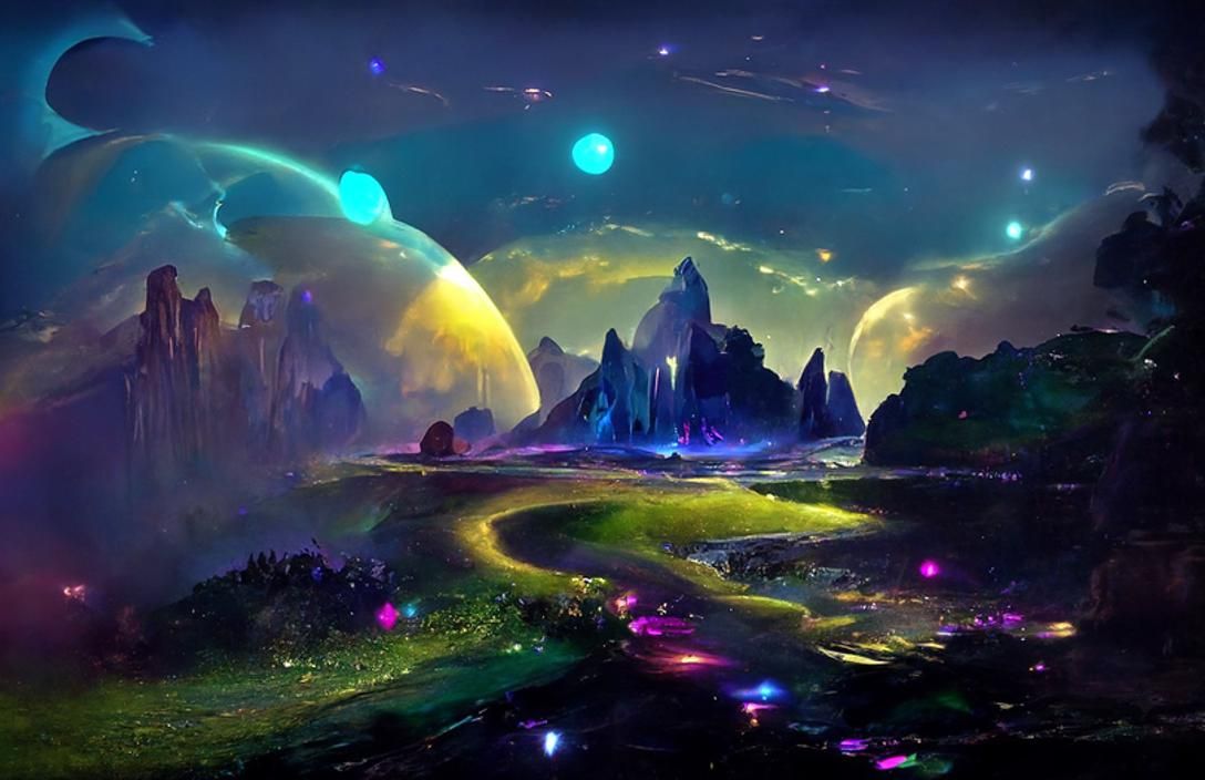 Iridescent Fantasy Landscape with Cosmic Sky