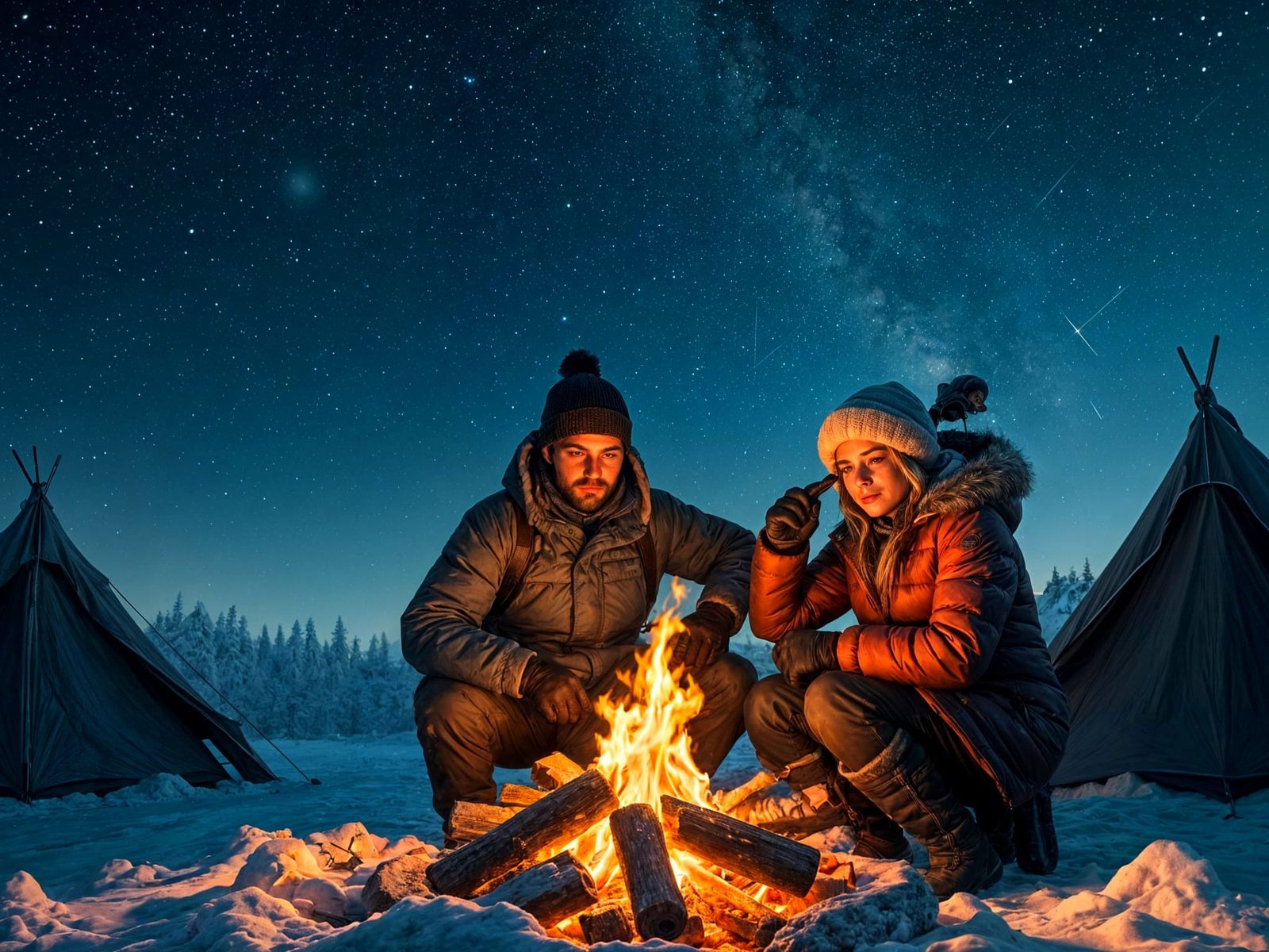 Two Friends Enjoying a Cozy Winter Campfire