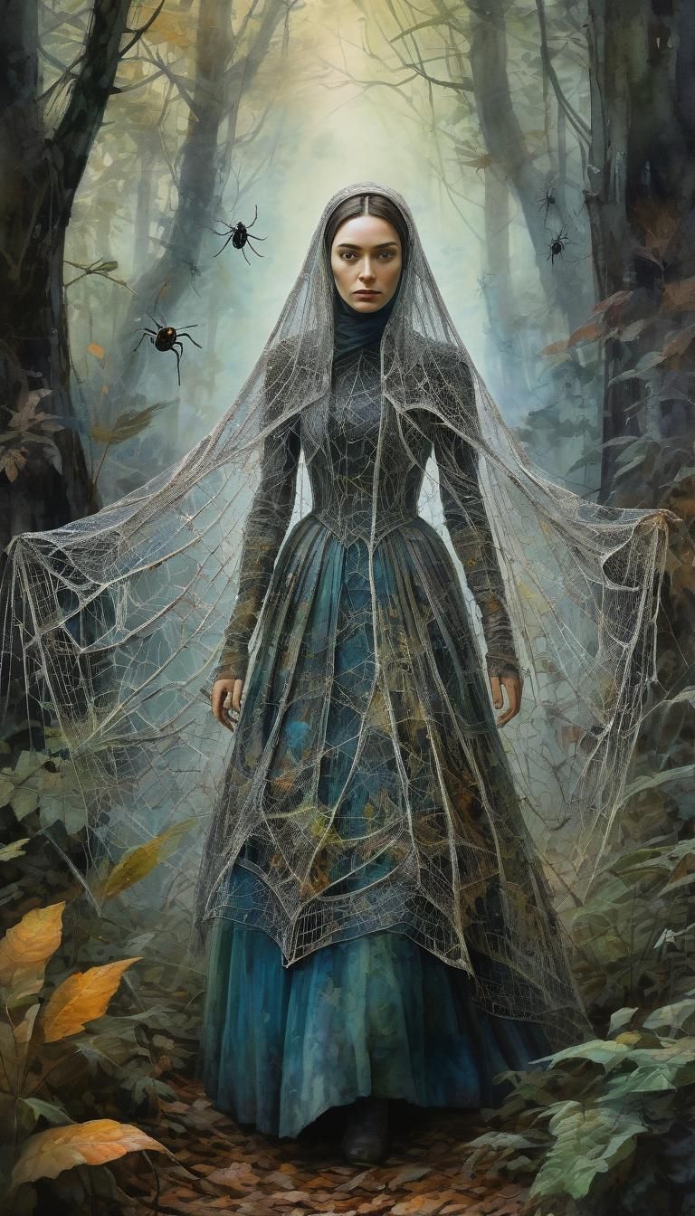 Girl in Cobweb Veil with Spiders in Forest, Watercolor