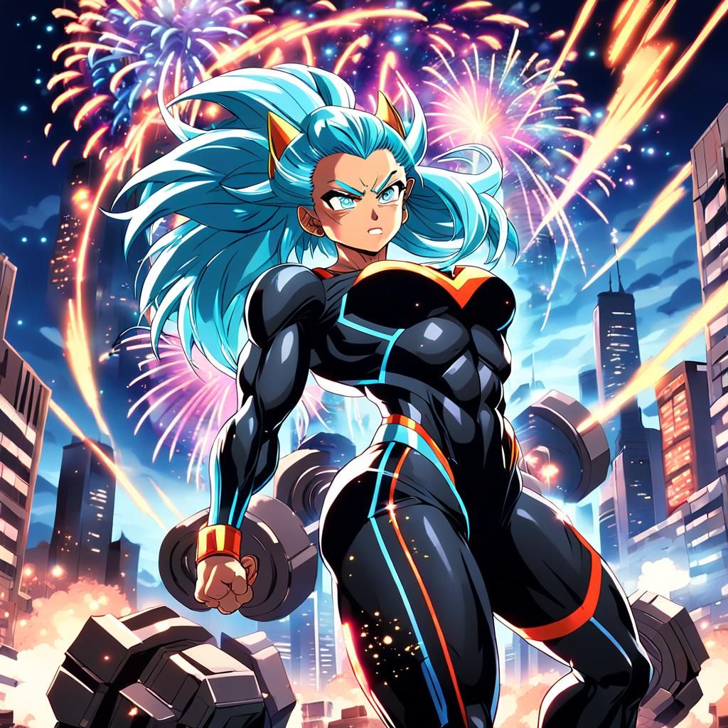 Anime Super Woman in Retrowave Cityscape