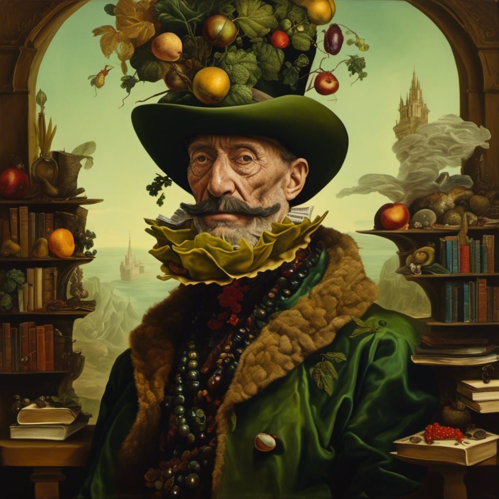 Surreal Profile Portrait with Books, Arcimboldo Style