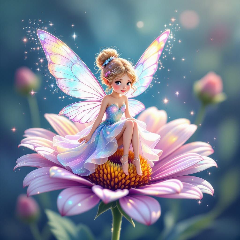 Cosmic Fairy on Sparkling Flower, Watercolor Painting