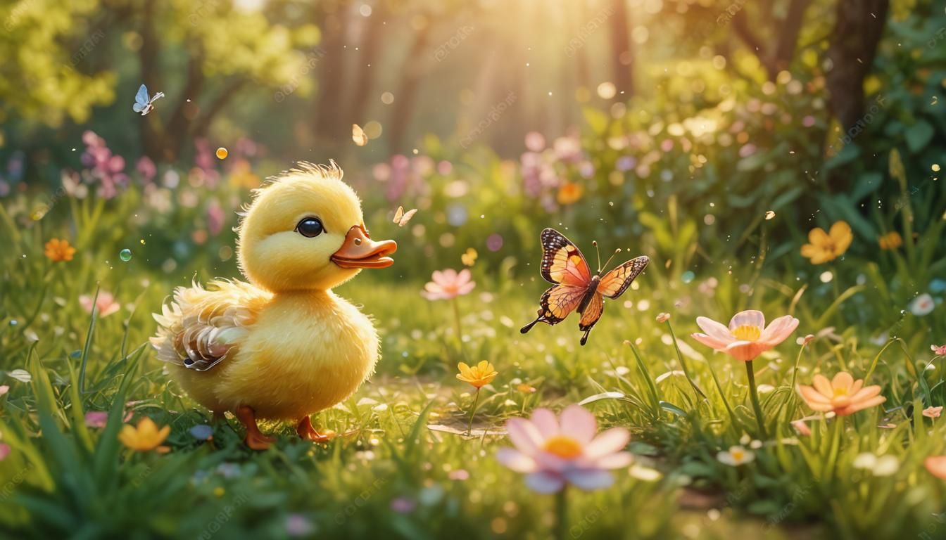 Cute Duck Chasing Butterfly in Pixar Style