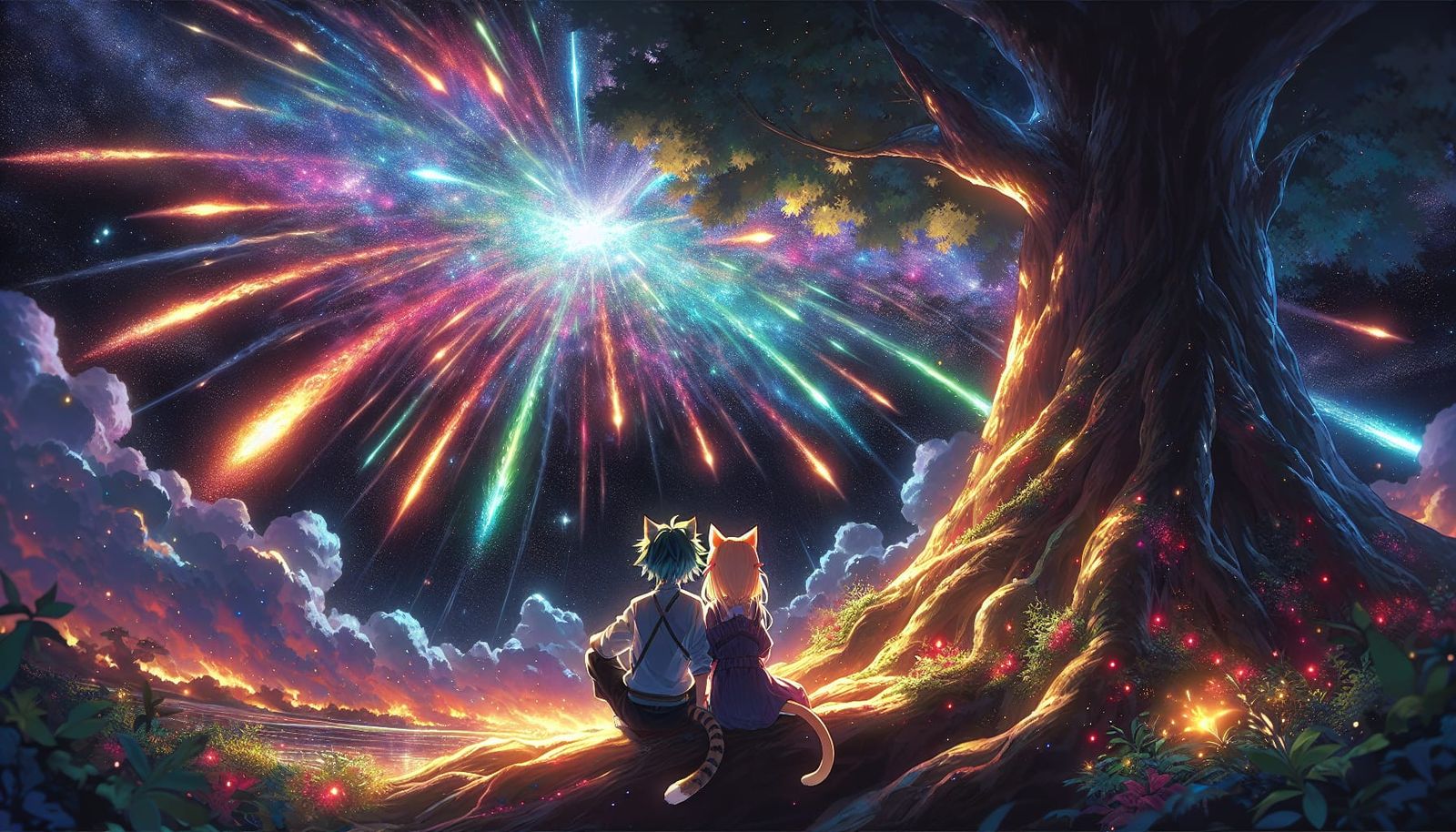 Fantasy Anime: Feline Hybrids Farewell Under Meteor