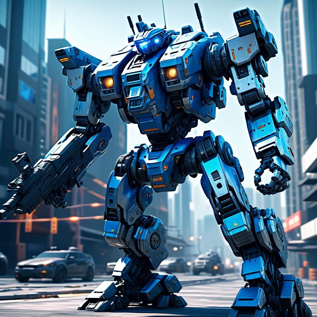 Futuristic Police Mech in Sci-Fi Cityscape