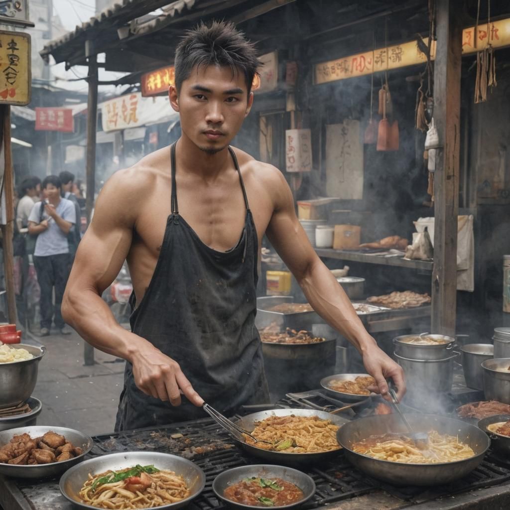 Asian Man Cooking Street Food, Fantasy Art Style