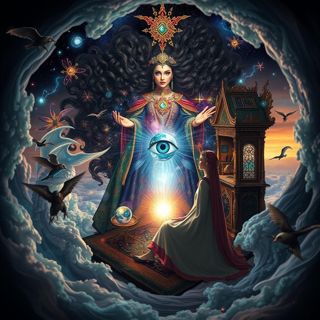 Mystical Sorceress in Ornate Dollhouse Scene