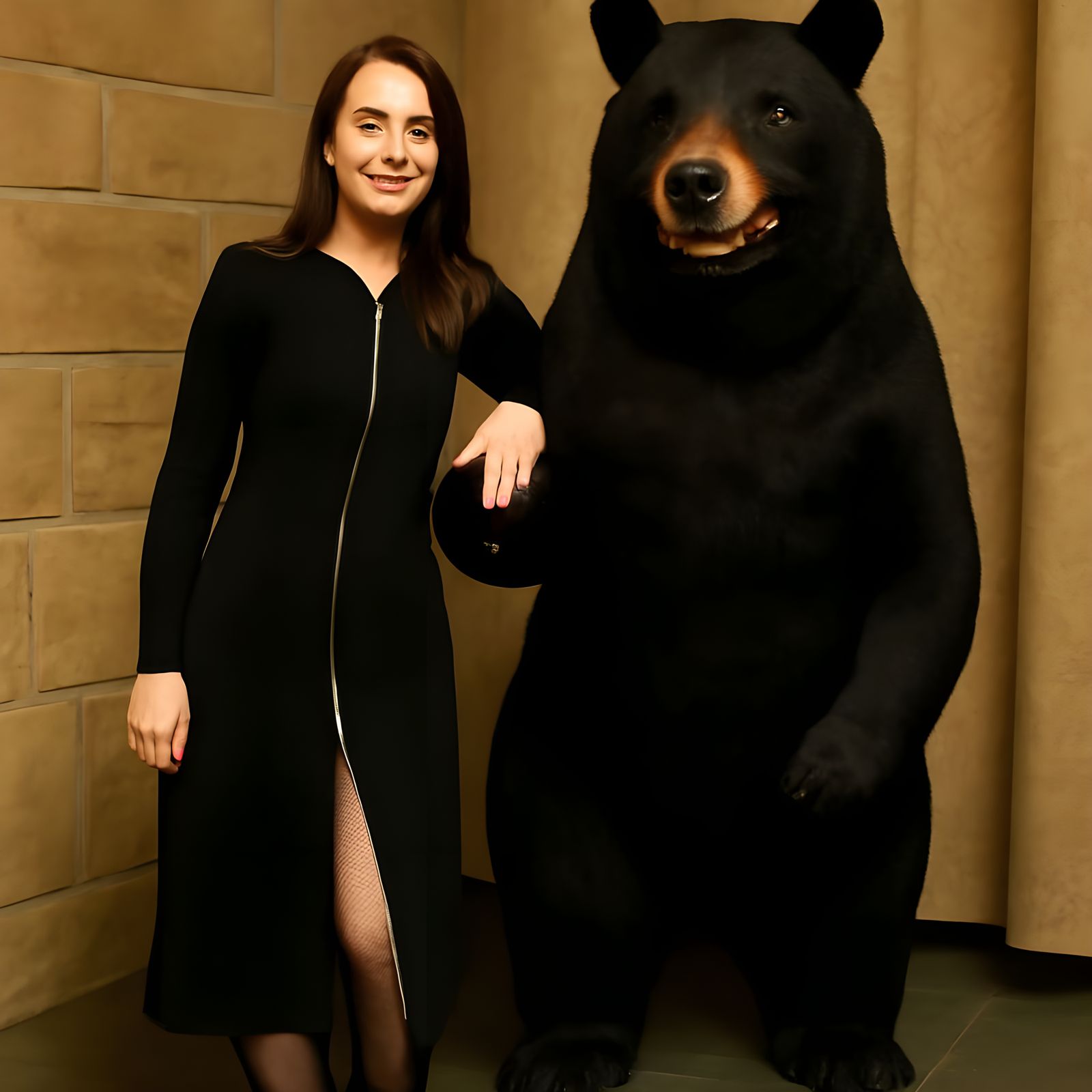 Woman Smiles at a Large Black Bear Statue in a Cozy Lodge Se...
