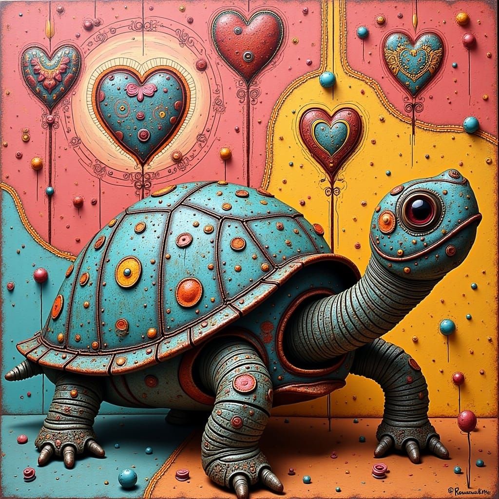 Surreal Metal Turtle in Whimsical Dreamscapes