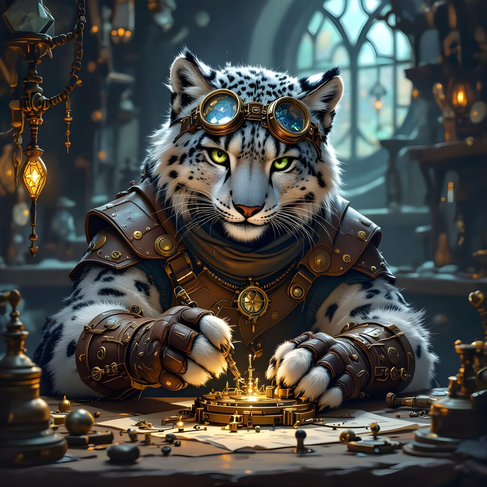 Snow Leopard Artificer in Steampunk Workshop