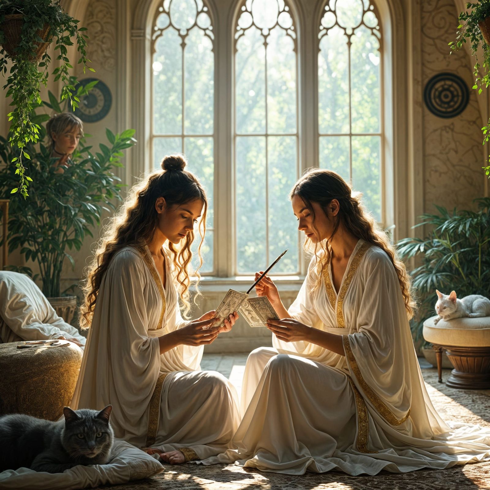 Two Witches Painting and Reading Tarot Cards