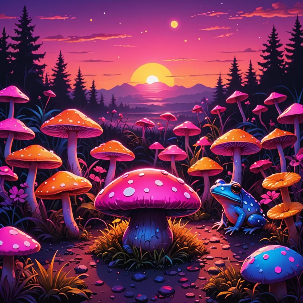 Synthwave Mushroom with Frog at Sunset