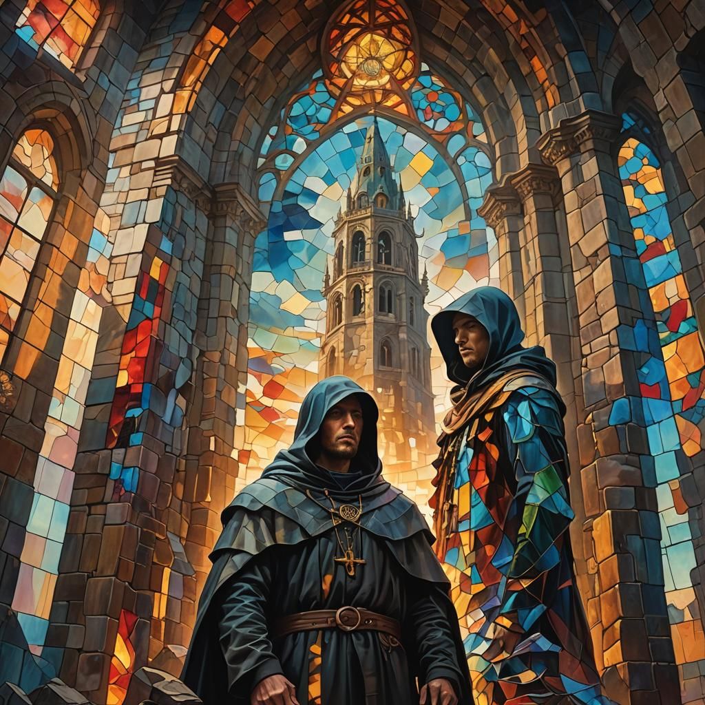 Surreal Reunion in Fractured Tower: Oil Painting