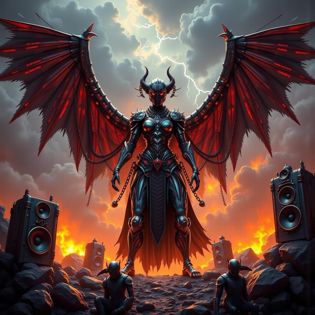 Demonic Titan of Steel and Chains in Fiery Concert Scene