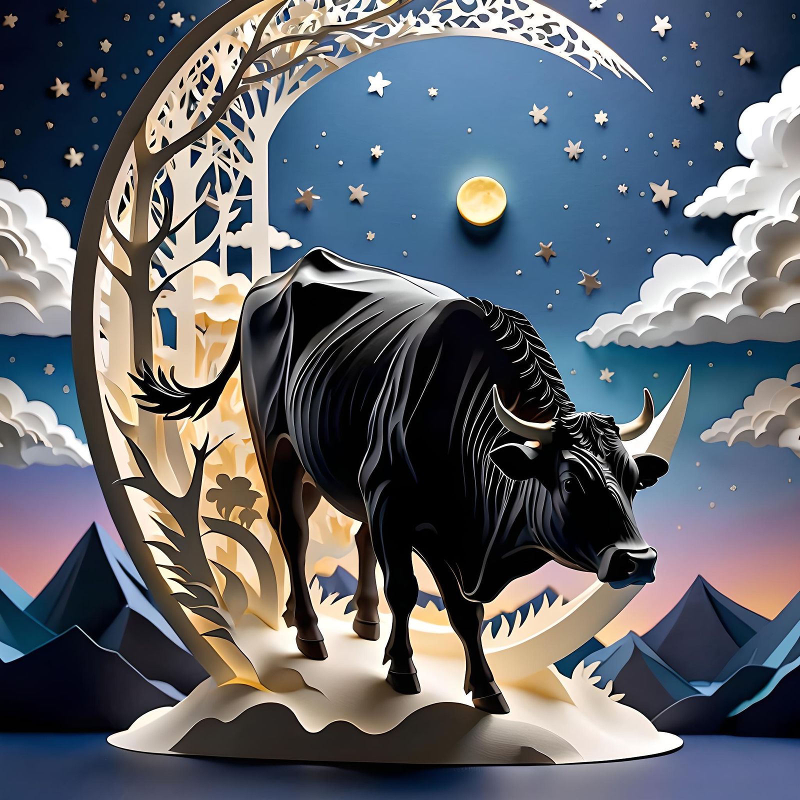 Cow Jumping Over Moon in 3D Papercut Diorama