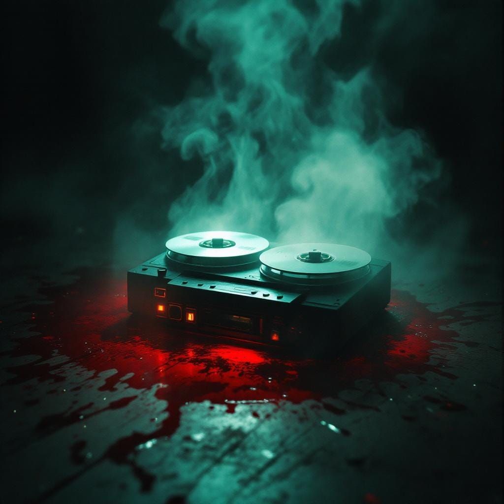 Eerie Cassette Player in Cinematic Film Still Style