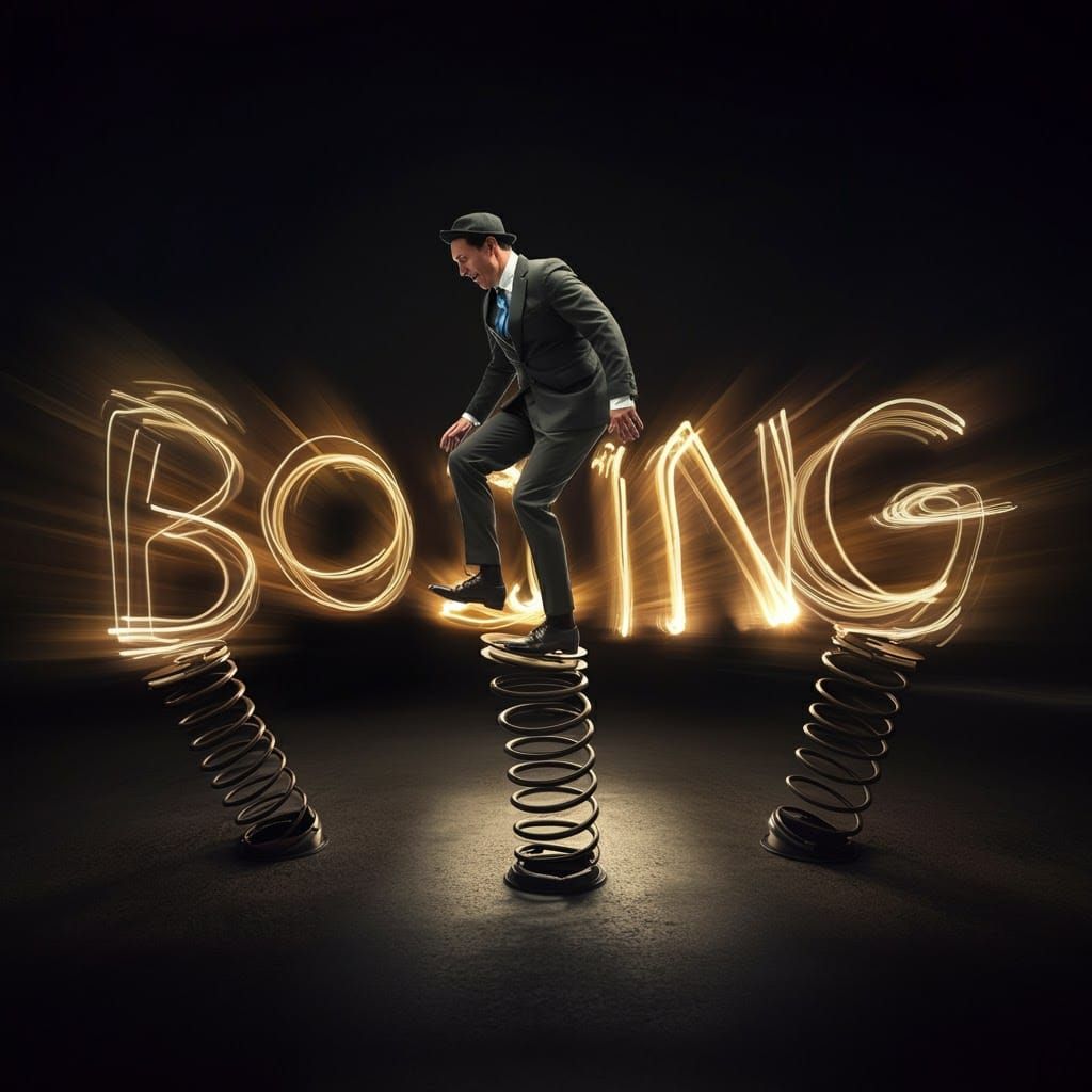 Man Hopping on "Boing" Springs: Hyperrealistic HDR