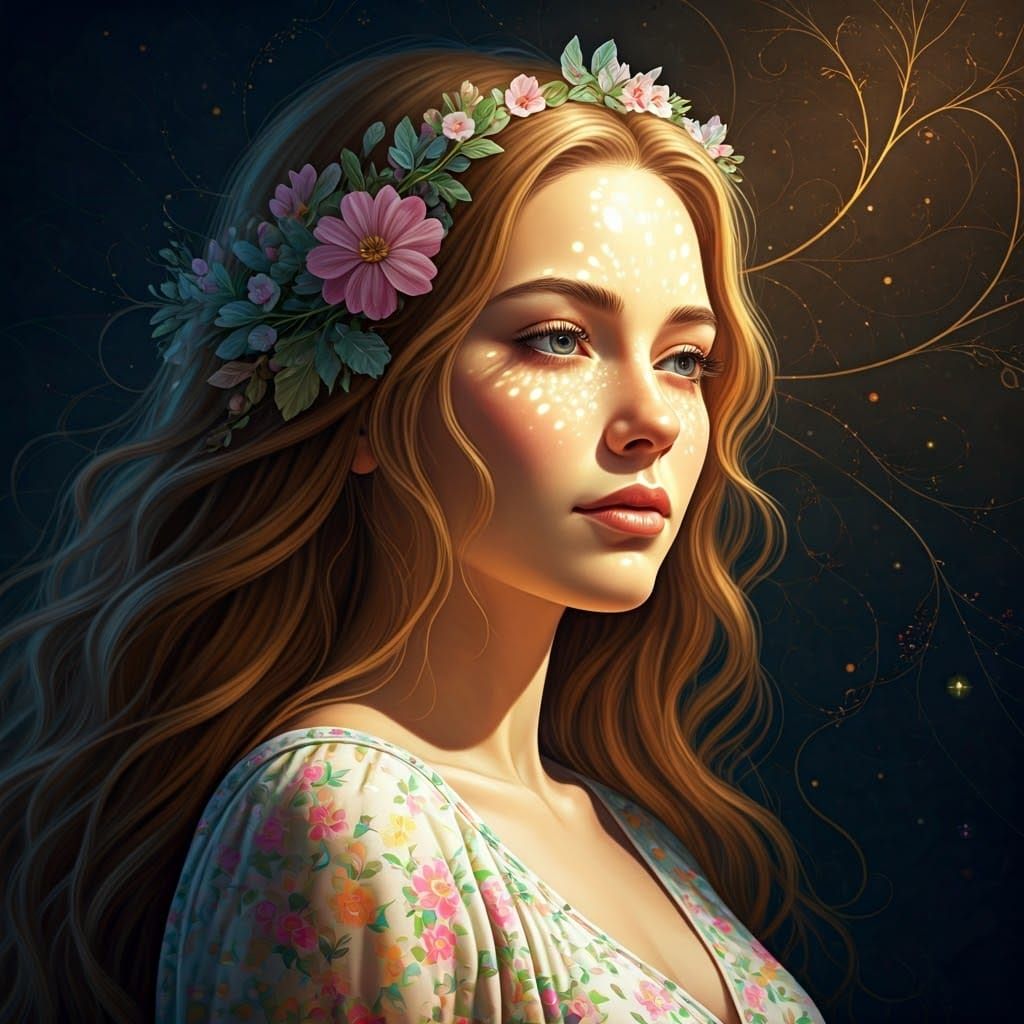 Floral Woman in Dreamlike Ethereal Landscape