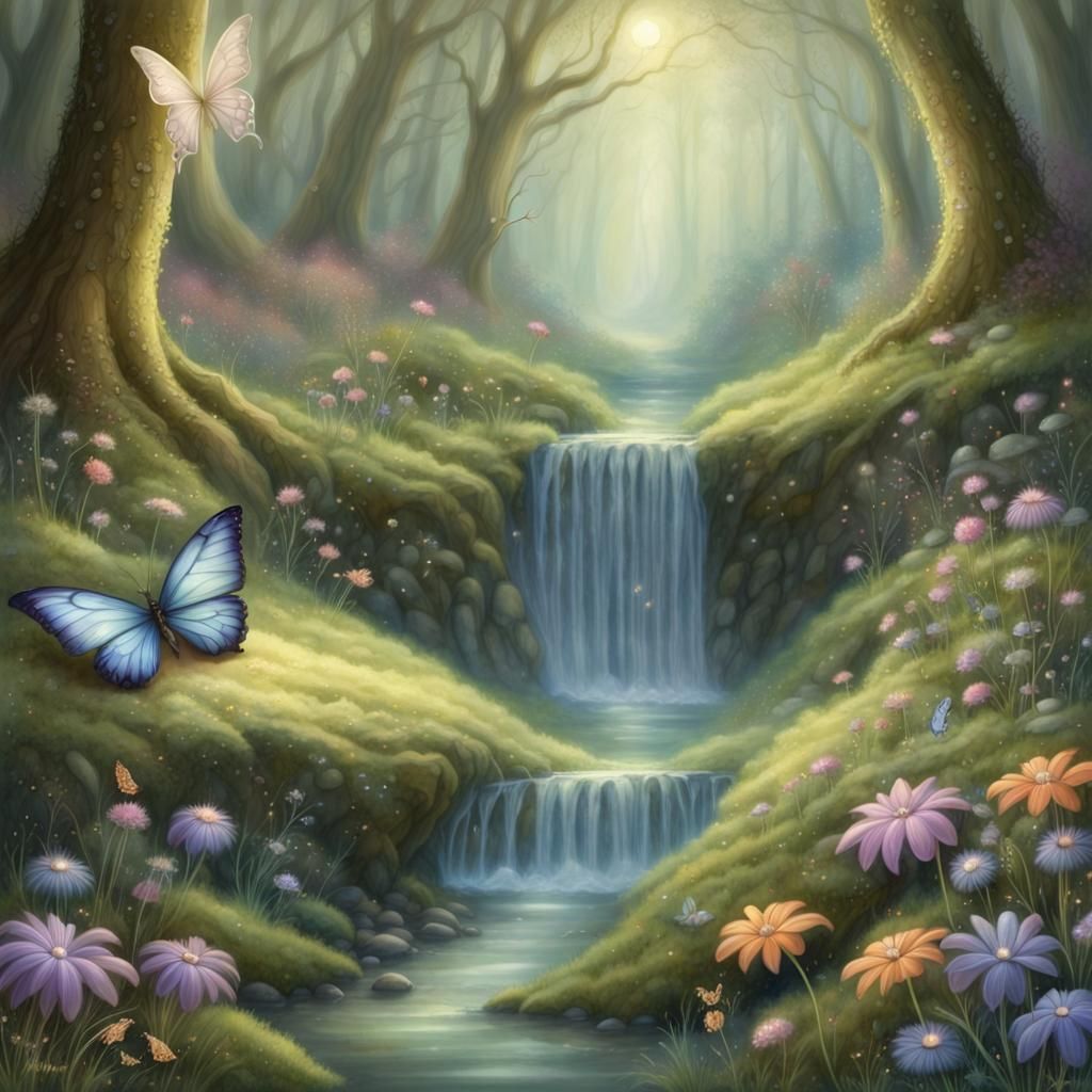 Enchanted Forest Glade with Waterfalls in Pastel Colors