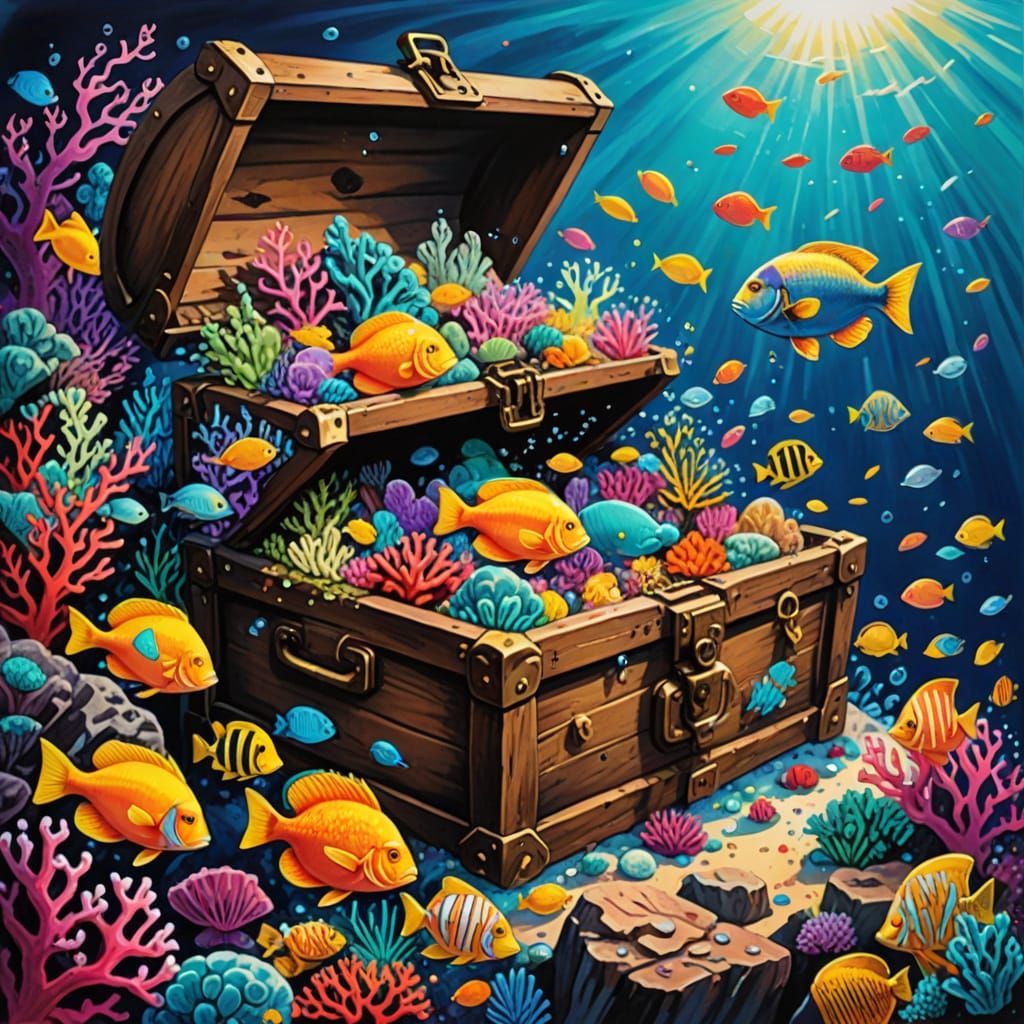 Sunken Treasure Chest Bursting with Jewels by Coral Reef