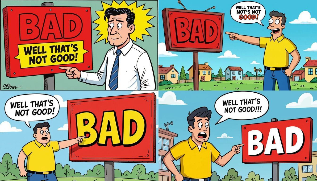 Cartoon Man Points to a Sign Saying Bad