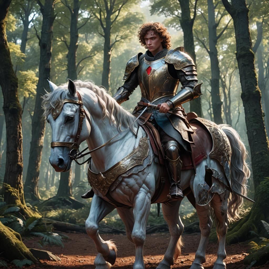 Armored Boy on Horseback in Forest, Digital Art
