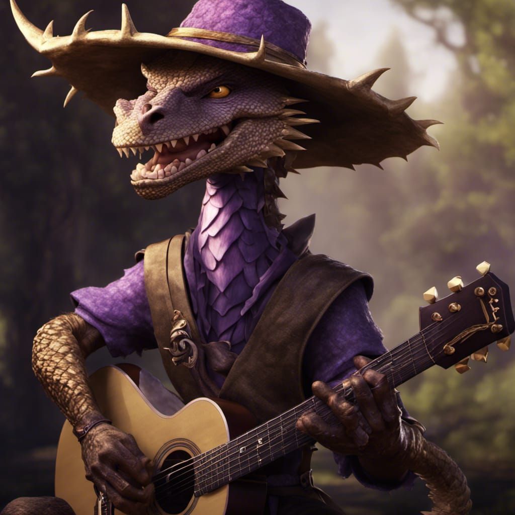 Dragonborn Bard with Purple Scales in Dark Fantasy Style