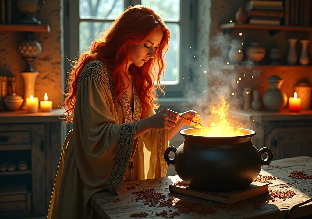 Medieval Witch Brewing Potion in Dreamlike Realism