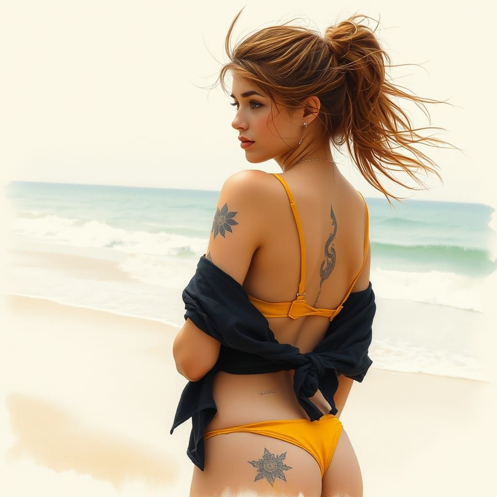 Young Woman Stands on Secluded Beach, Windswept and Contempl...