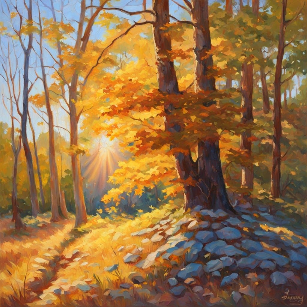 Sunbeam Illuminates Forest Floor in Impressionist Oil Painti...