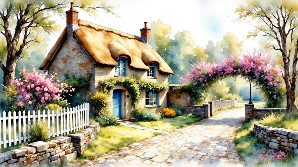 Watercolor English Cottage with Vibrant Garden and Thatched ...