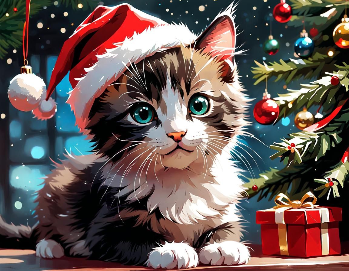 Adorable Kitten in Christmas Hat: Manga Portrait