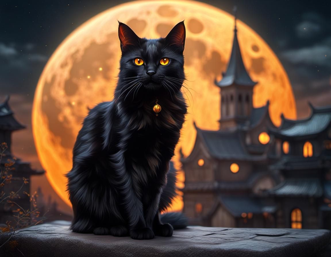 Black Cat and Orange Moon Fantasy Art