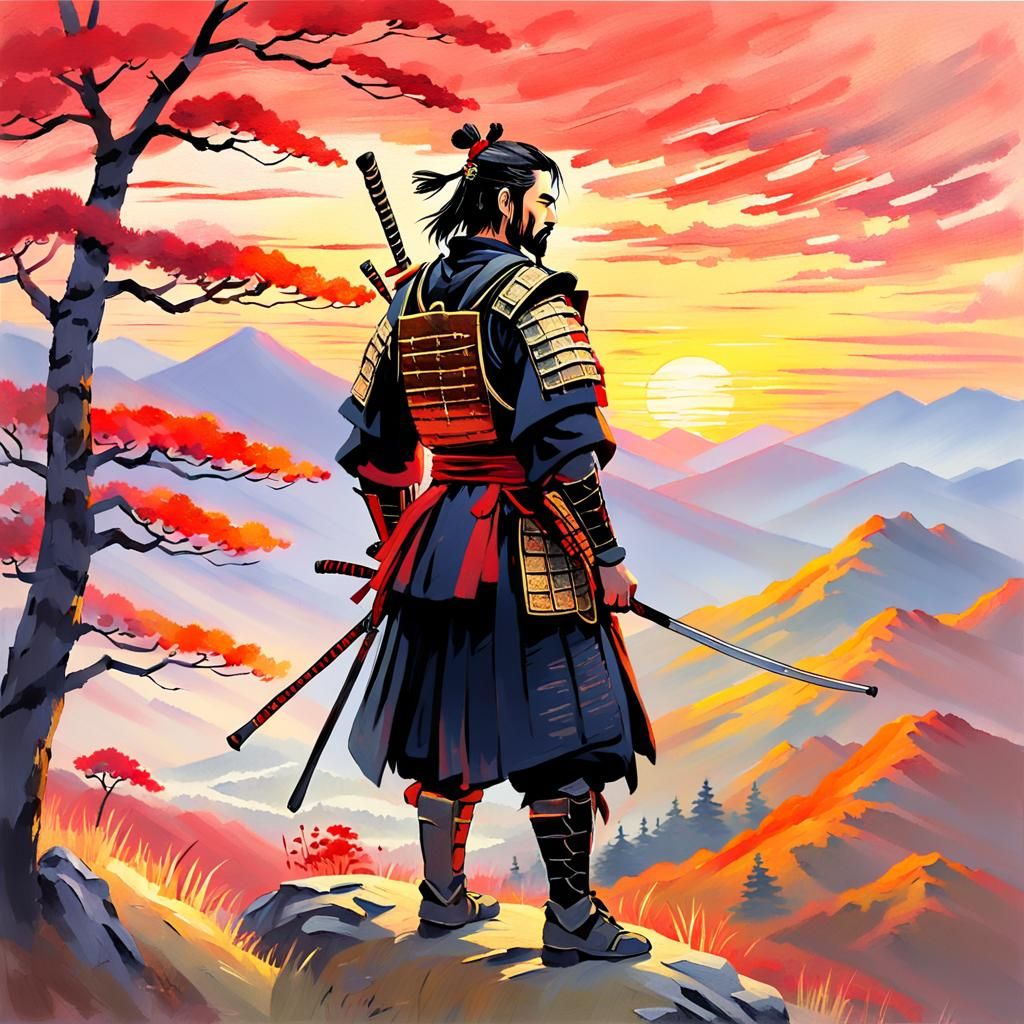 Samurai Sunset Contemplation as Impressionist Painting