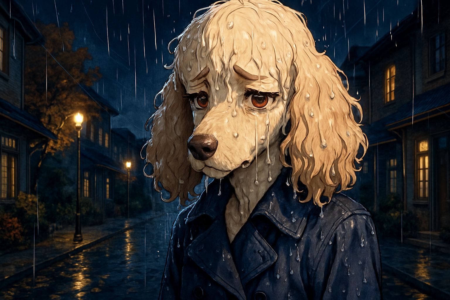 Sad Anime Poodle in Autumn Rain