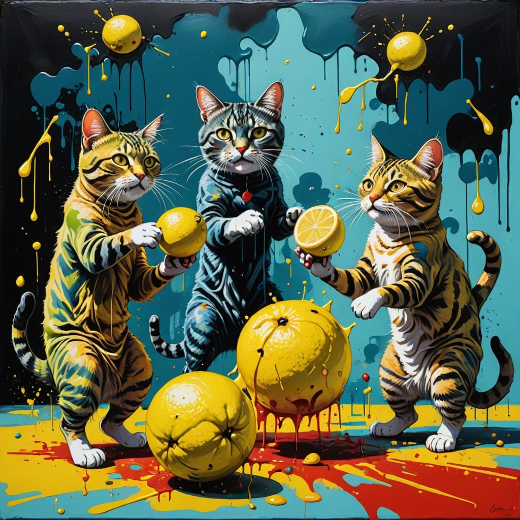 Frenzied Feline Cricket Match in Vibrant, Surrealist Style
