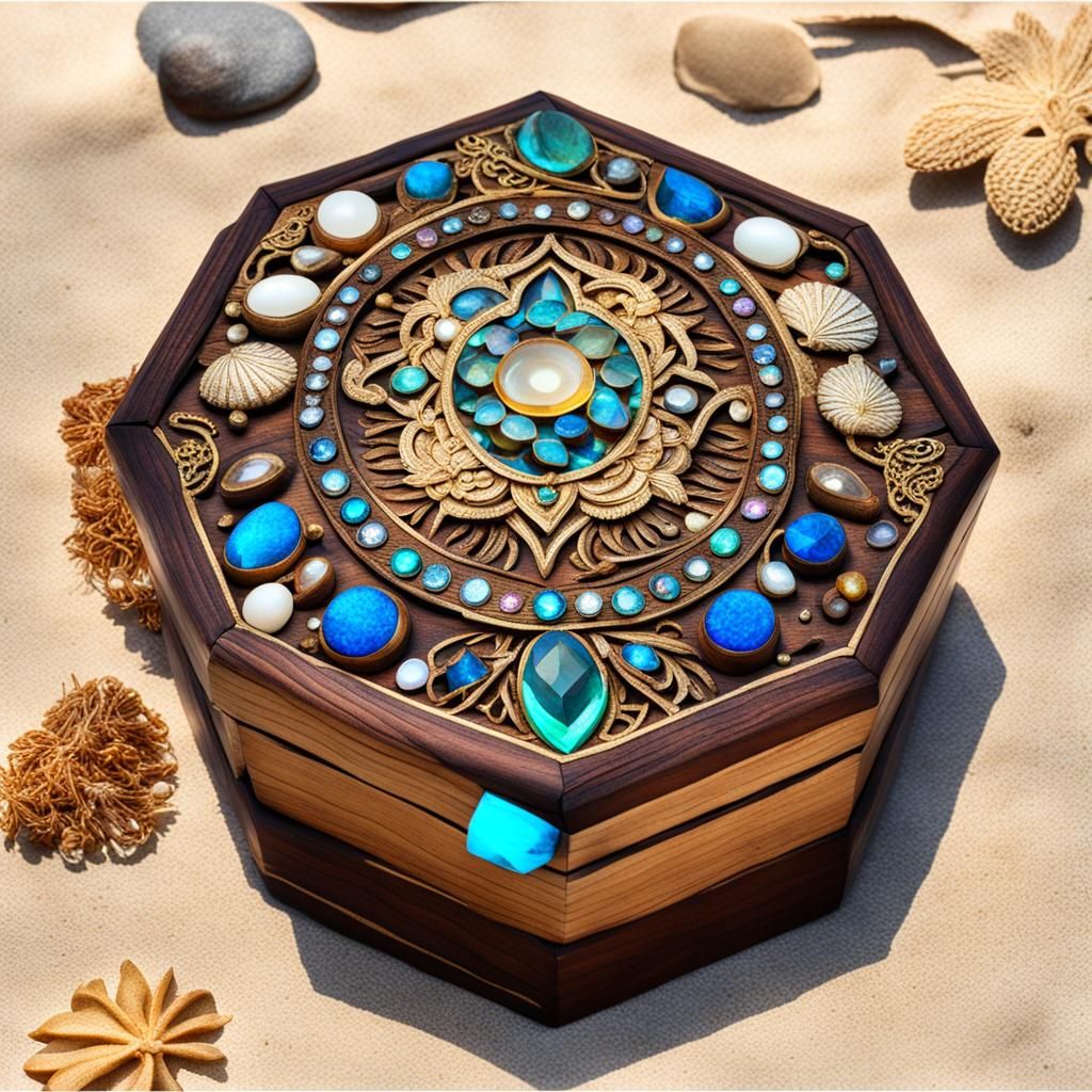 Glowing Jewels in Treasure Chest on Seashore