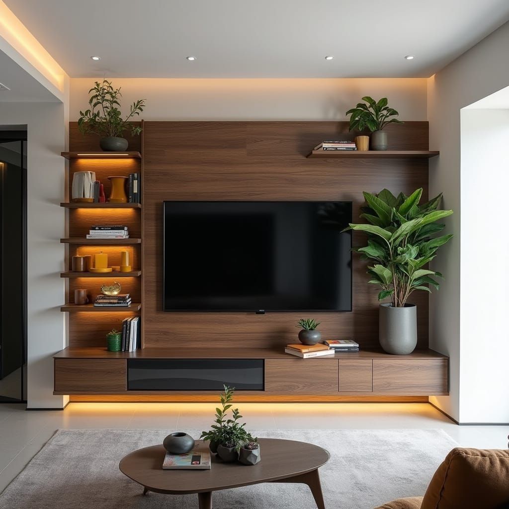 Modern Media Wall with Textured Wood and Bold Art
