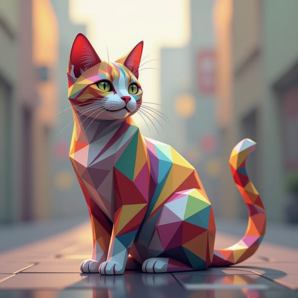 Multicoloured Cat Figurine in Vibrant Neo-Cubist Style