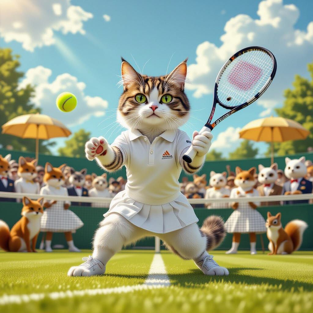 Athletic Cat Tennis Star at Wimbledon in Matte Painting Styl...