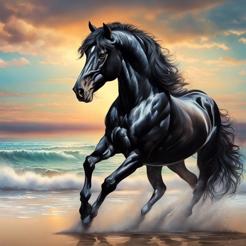 Friesian Horse at Beach: Hyperrealistic Splash Art