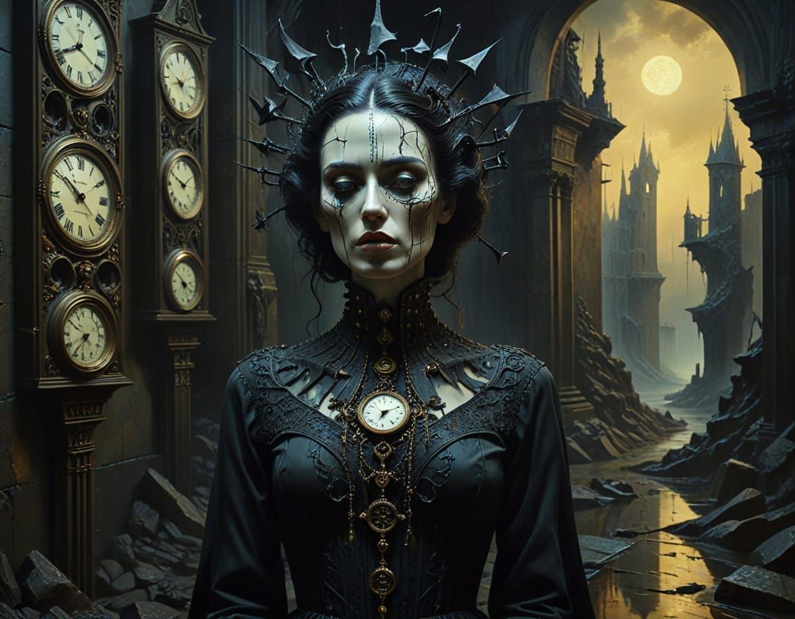 Gothic Woman Portrait in Surreal Cubist Dreamscape